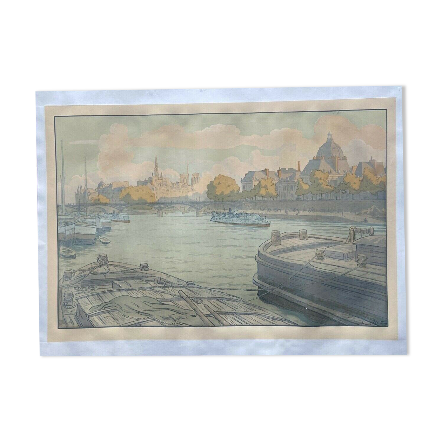 Lithograph Henri Riviere, l'institut et la cite serie paysages parisiens