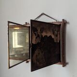 Antique Asian decorative triptych mirror with chain wall decoration in wood.