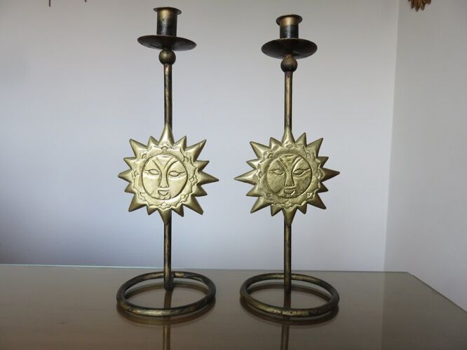 Pair of candle holders "sun" wood and metal 80s
