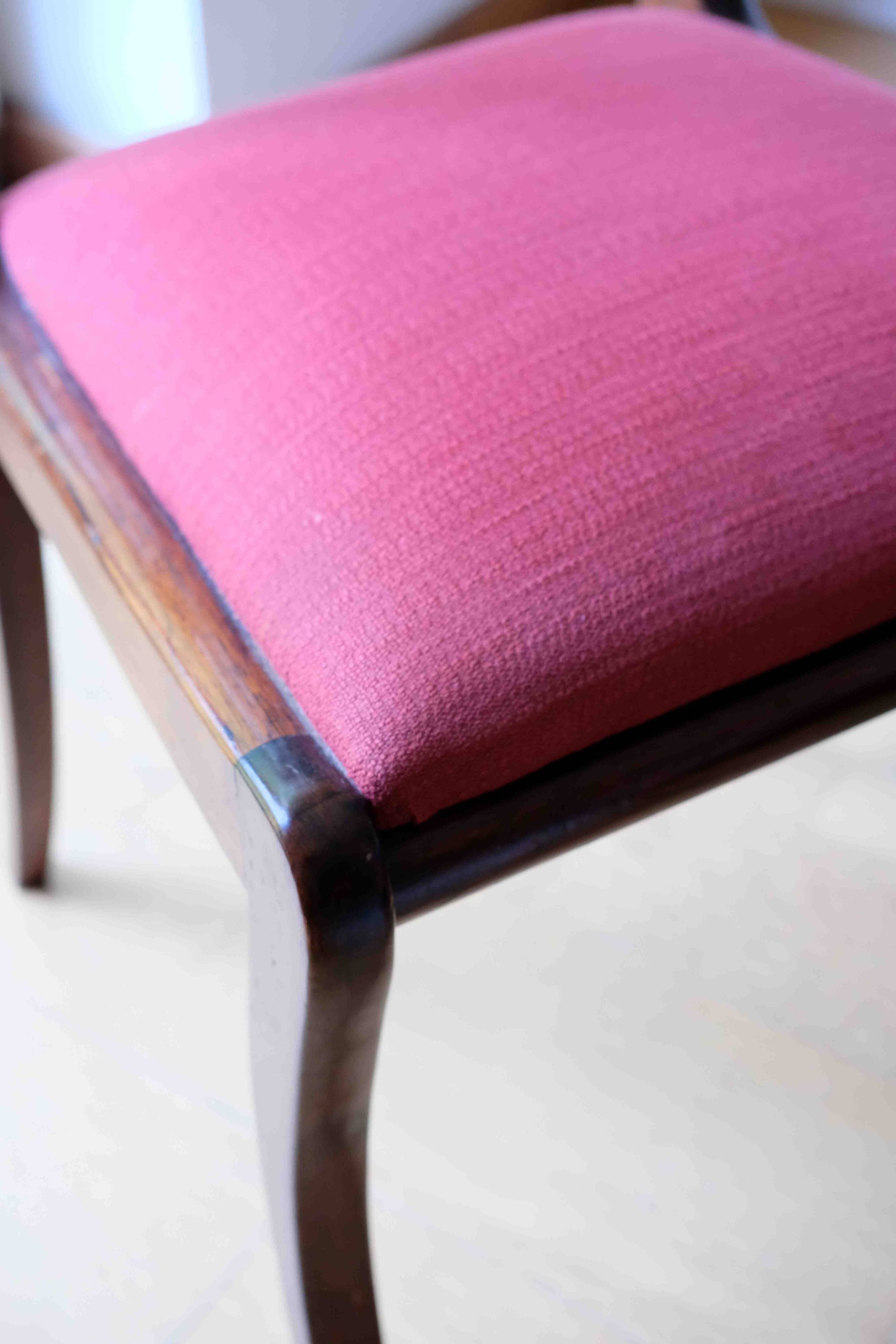 Antique wooden chair – Openwork backrest and pink-red seat