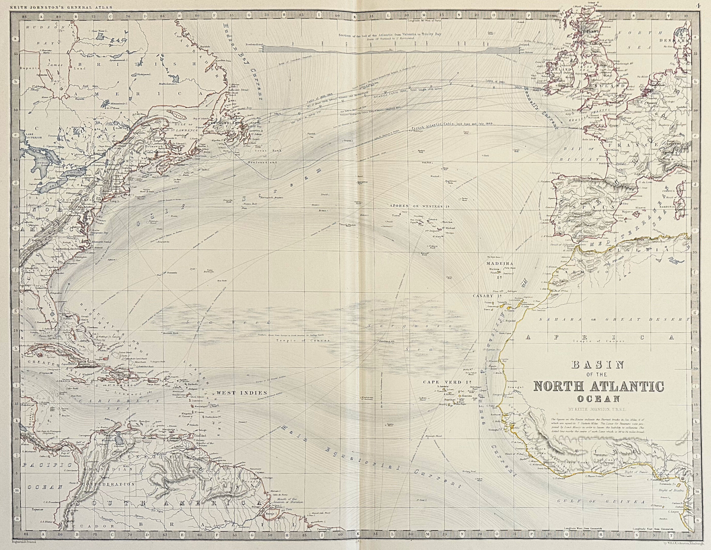 Map of The Northern Atlantic Ocean c1869 Keith Johnston Royal Atlas Hand coloured map