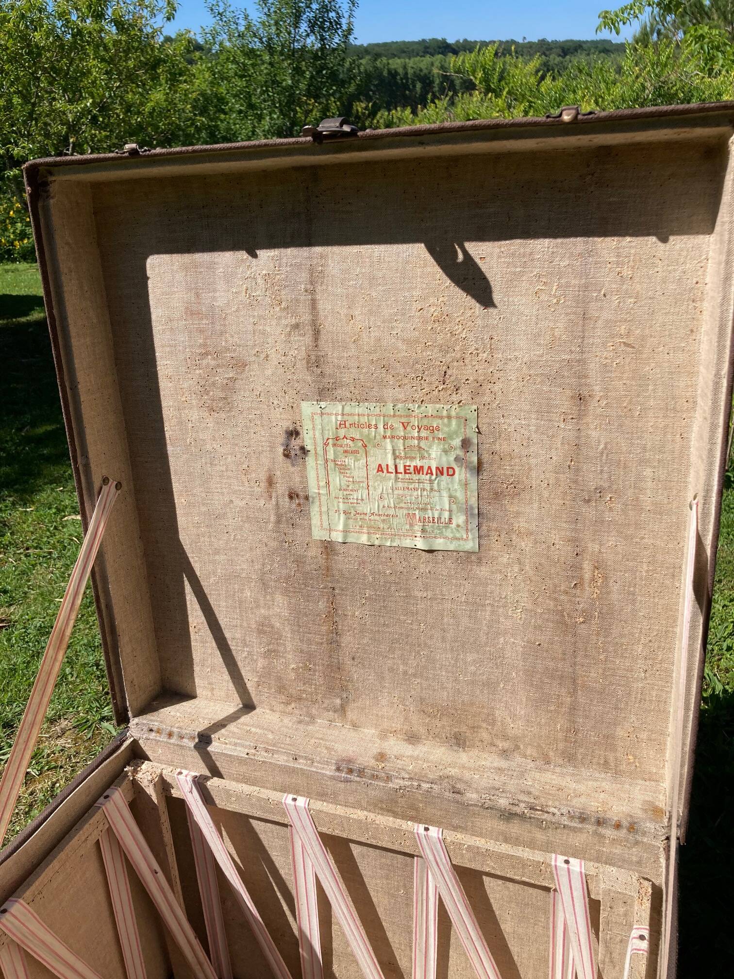 Ancienne malle de voyage, caisse de transport en bois et cuir 1900