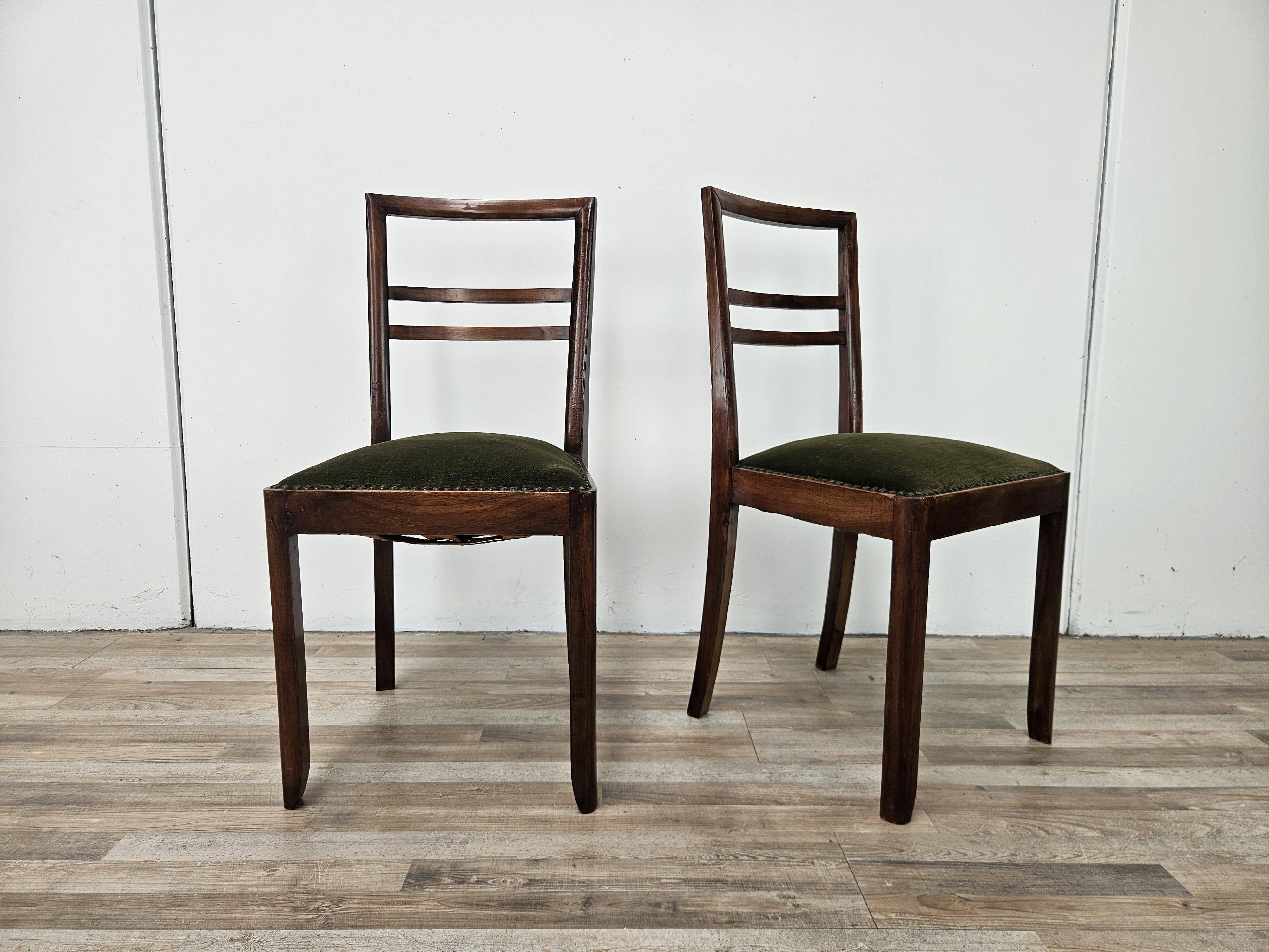 Art Decò dining chairs in walnut and fabric, 1940
