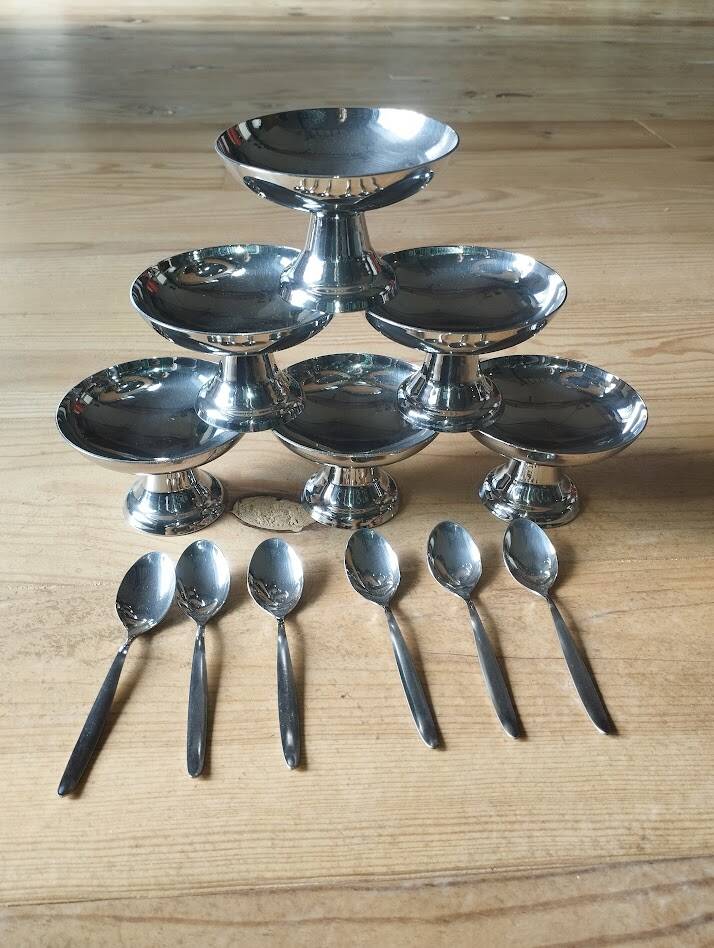 Vintage ice cream or dessert service in stainless steel