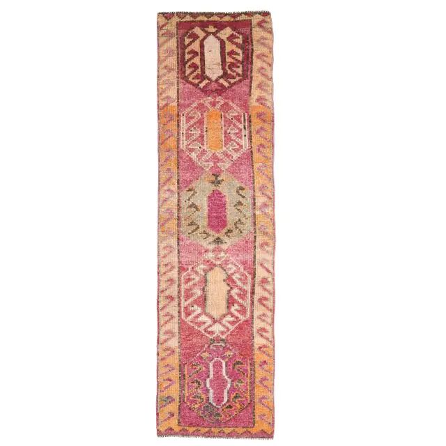 1970s Turkish Hand-Knotted Wool Cotton Pink Runner 87x294