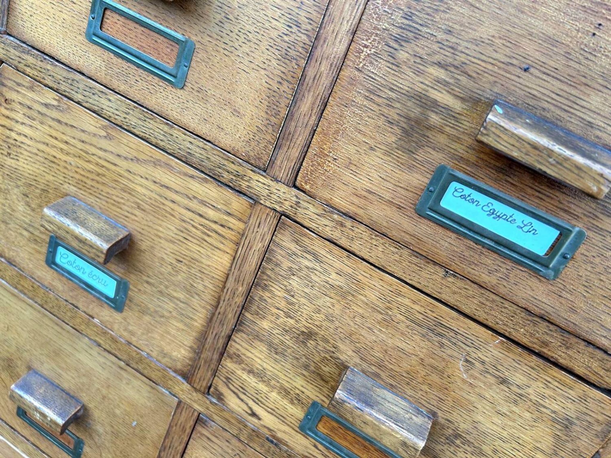 Large vintage workshop furniture with 30 drawers, antique haberdashery compartments.