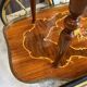 3-wheel serving trolley with 2 shelves, vintage bar marquetry on wheels, 50s