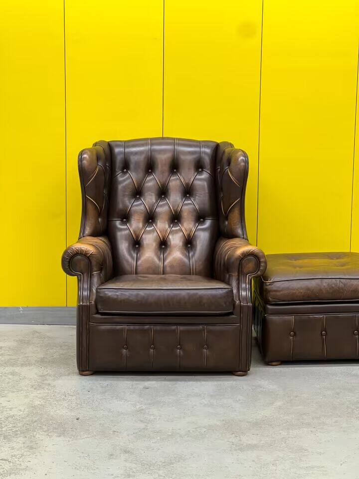 Brown leather chesterfield wing chair with Ottoman