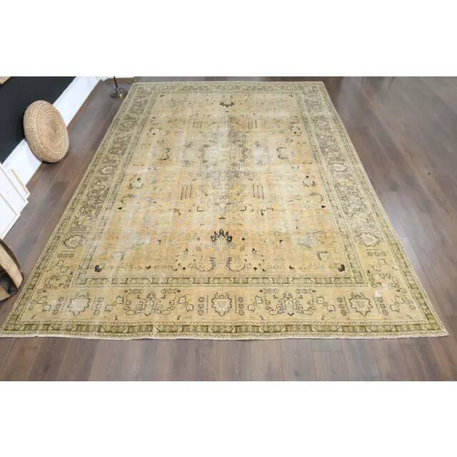1970s Vintage Persian Handmade Wool Cotton Yellow Area Rug 283x386