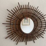 Miroir vintage 1960 soleil rotin style ORTF spirale - 80 x 62 cm