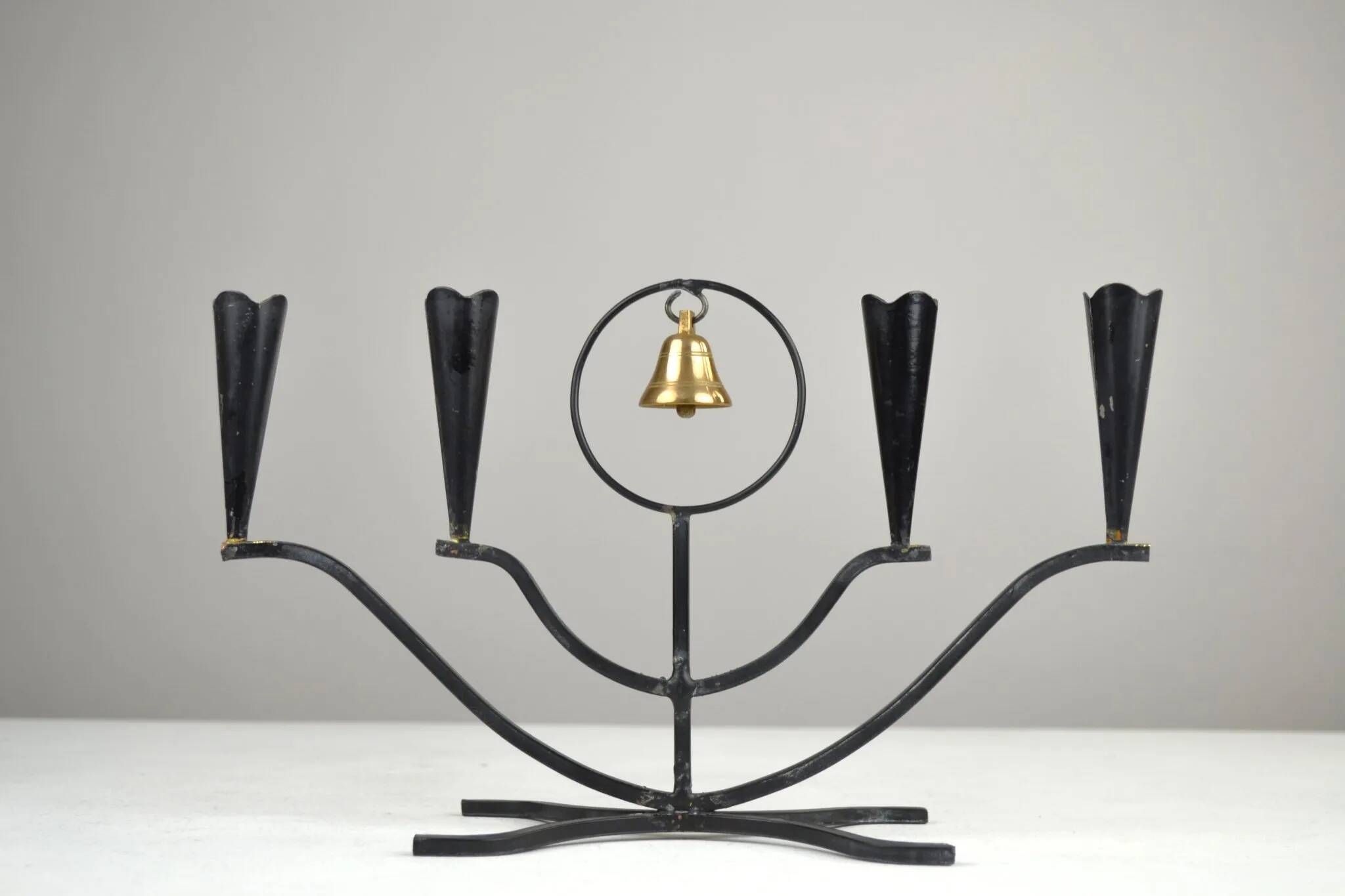 Four-Candle Candelabra with Brass Bell — Ystad-Metall, Sweden, 1950s