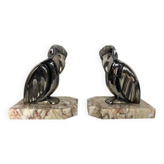 Art deco, pair of chrome bookends with marble base Toucans Franjou circa 1930