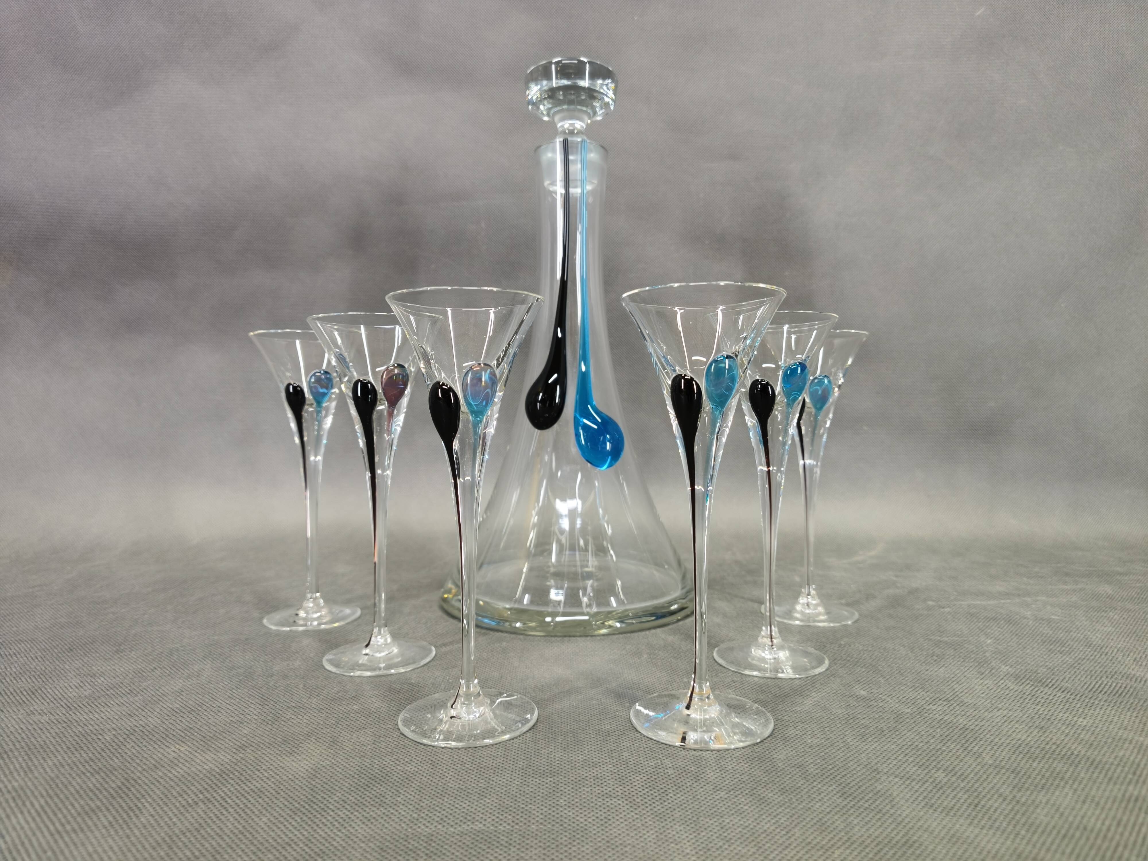 Hand-blown crystal carafe Bohemian Crystalex and a set of six glasses, 1990s.