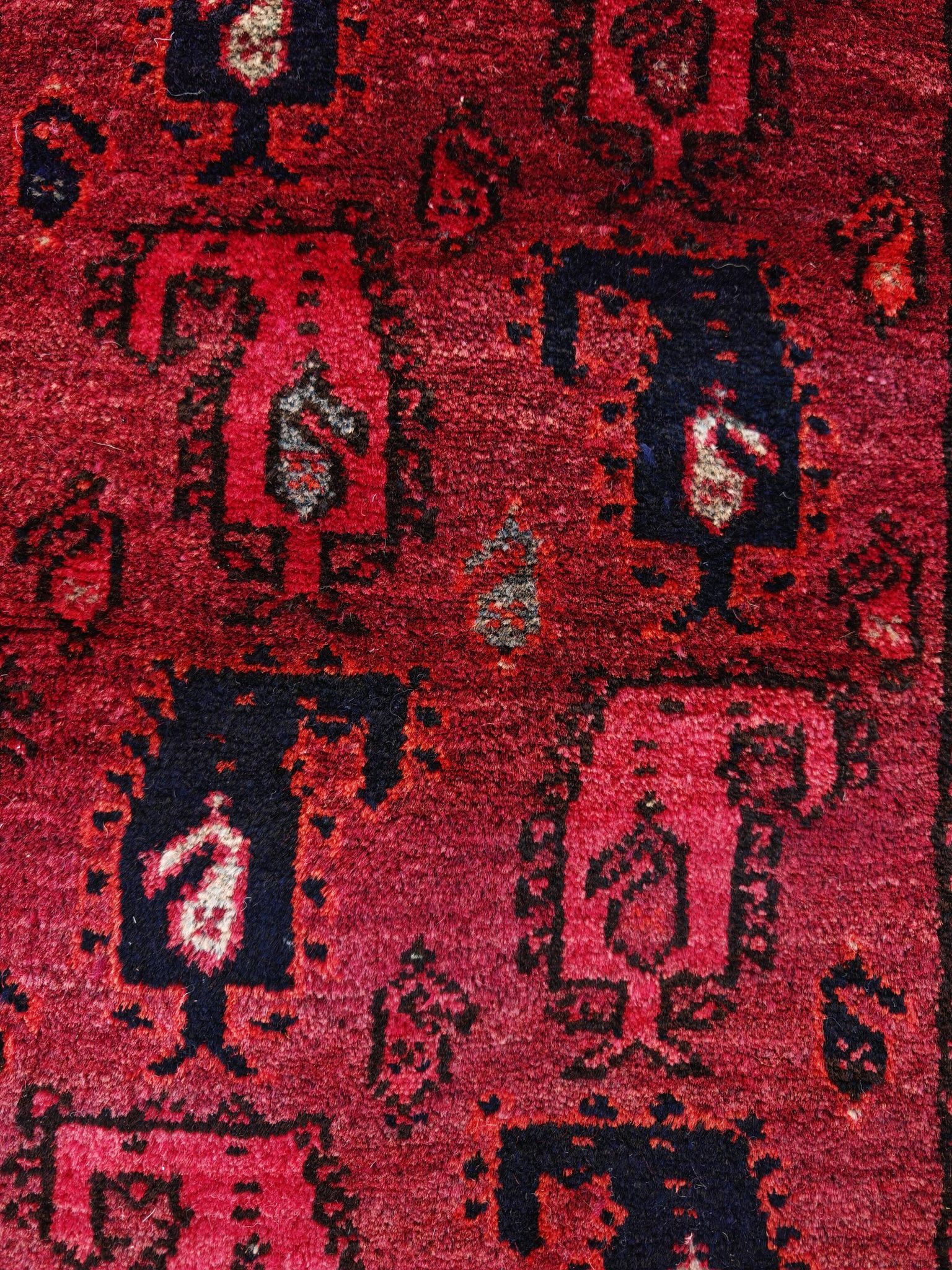 Vintage hand-knotted Boteh rug in natural wool from Afghanistan, 1960s.