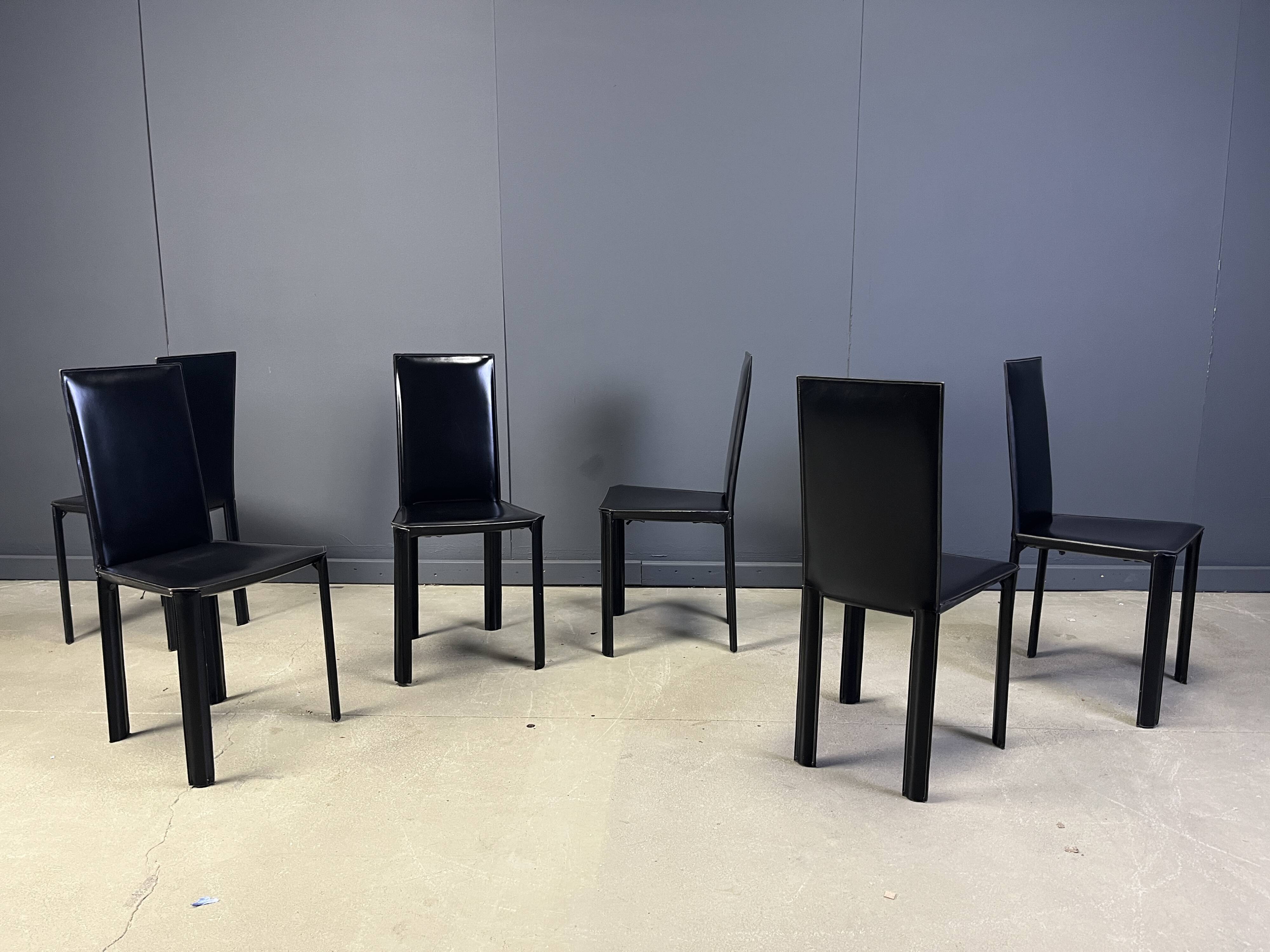 Chaises de salle à manger en cuir noir par De Couro Brazil, années 1980 - lot de 6