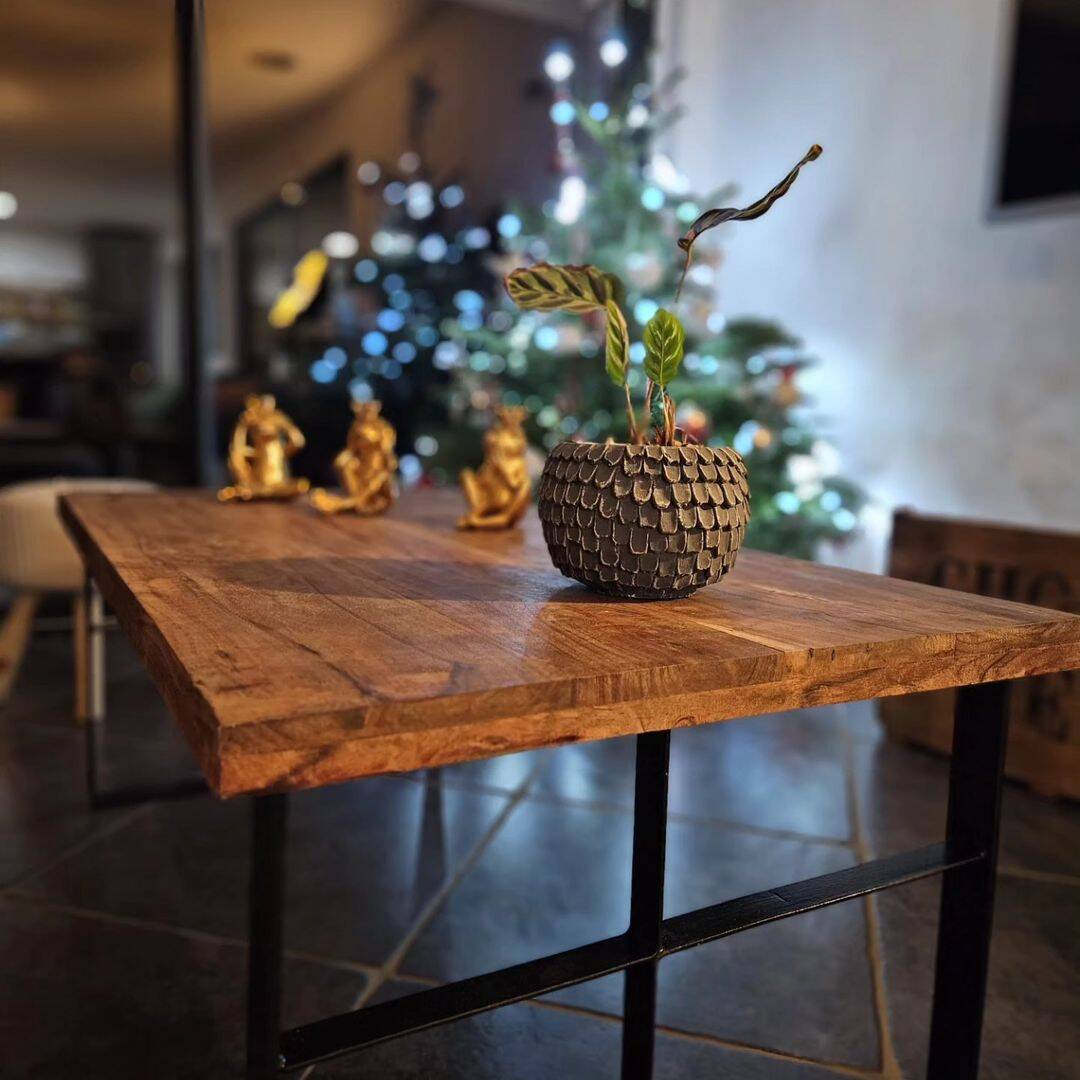 Handcrafted coffee table in exotic wood & folded steel - industrial