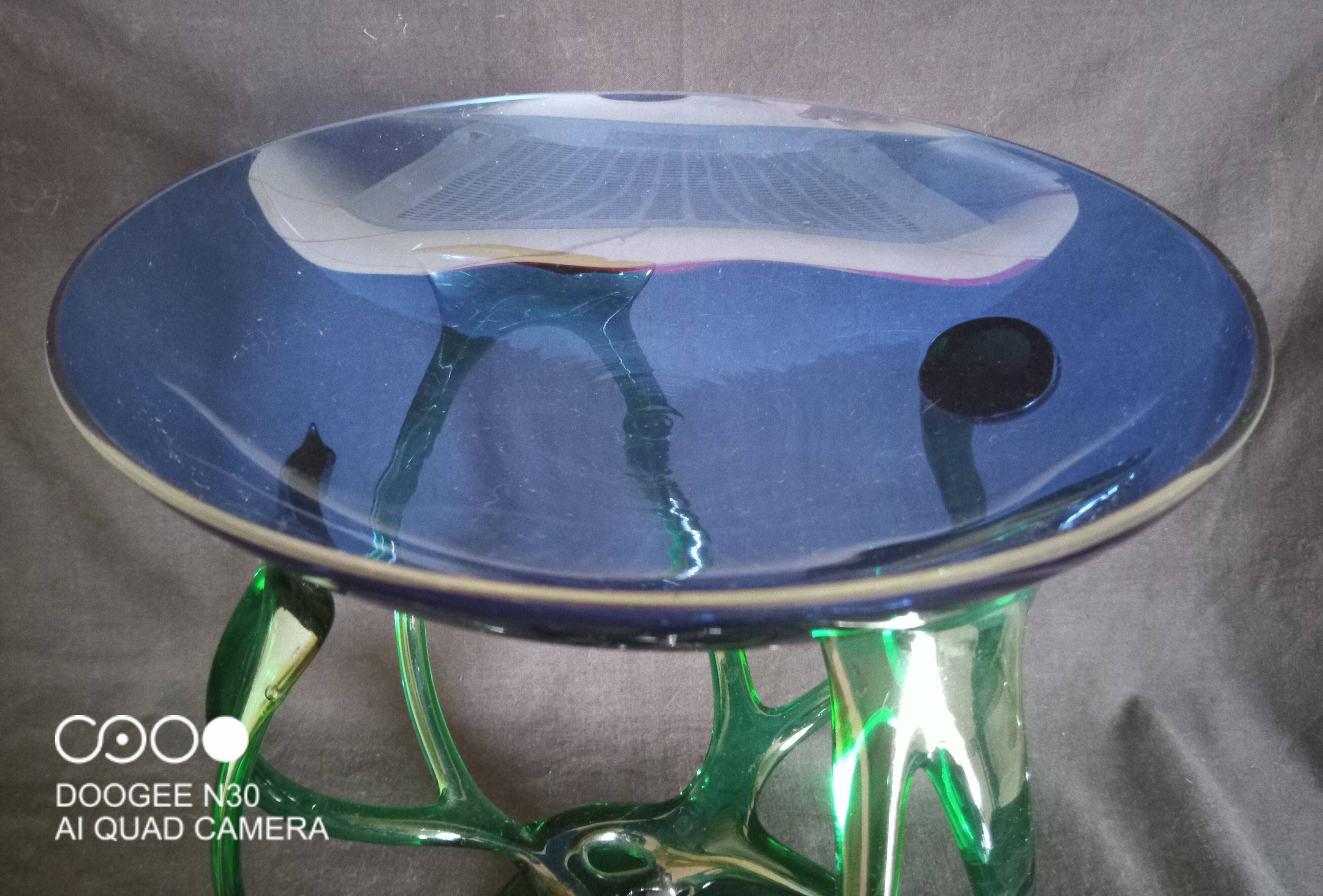 Bowl, centerpiece on twisted blue and green glass legs