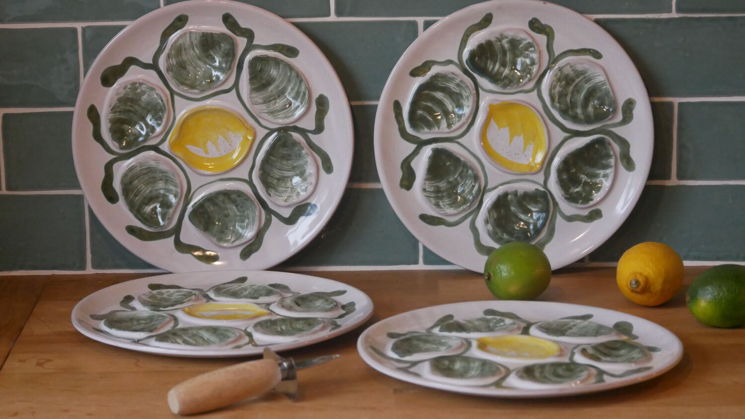 Set of 4 Belon earthenware oyster plates – 25 cm – yellow & green