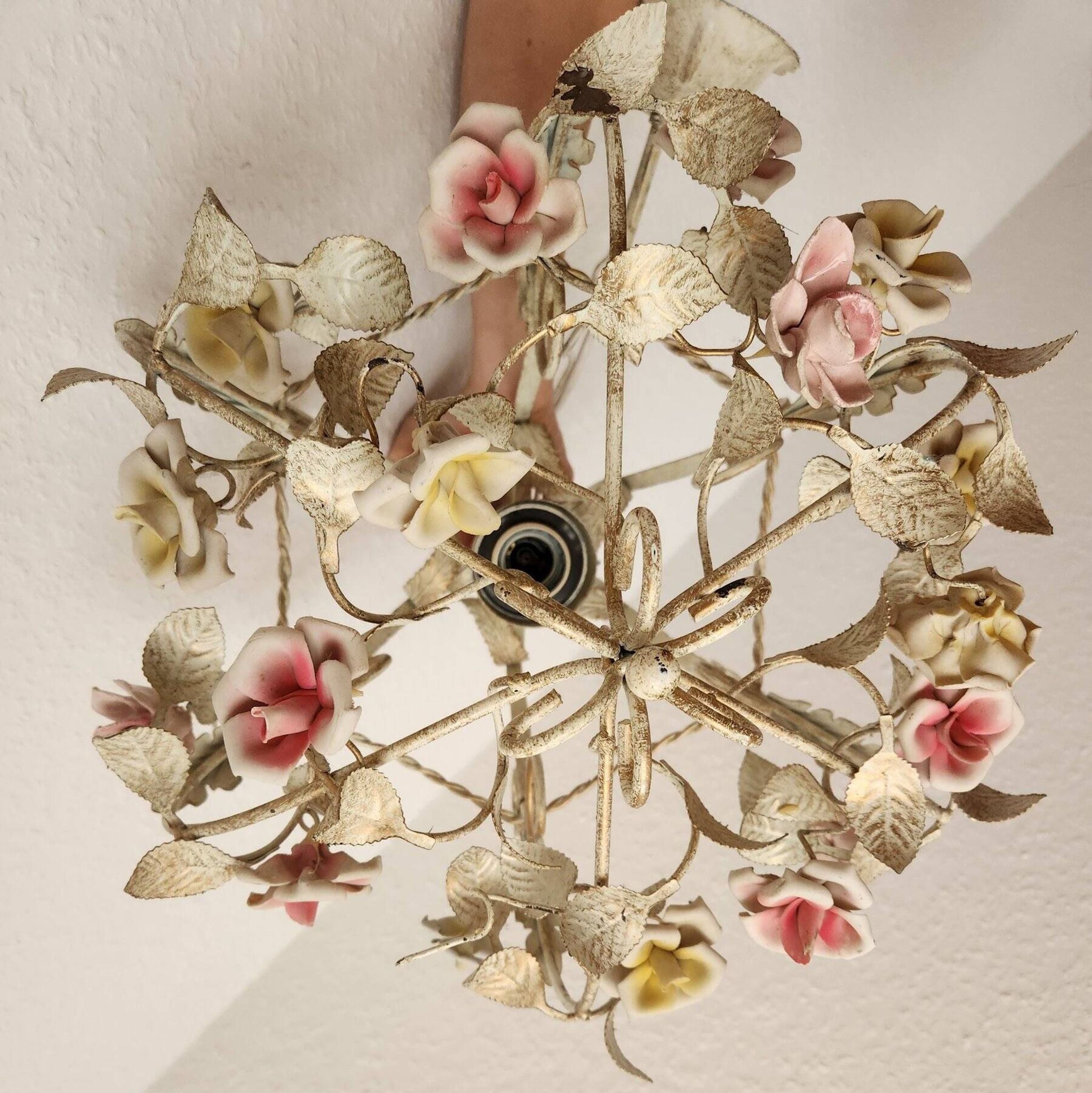 Hand-forged vintage pendant lamp with porcelain roses, Denz Neheim Hüsten