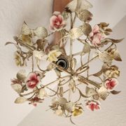 Hand-forged vintage pendant lamp with porcelain roses, Denz Neheim Hüsten