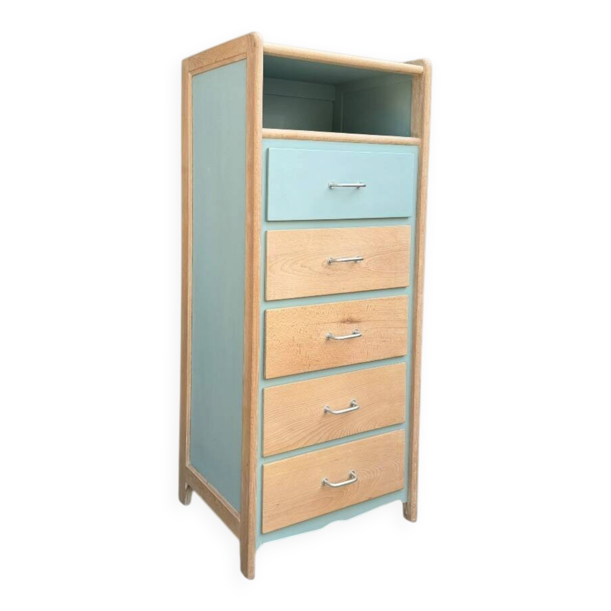 Vintage tall chest of drawers in raw wood and grey-blue from the 1950s.