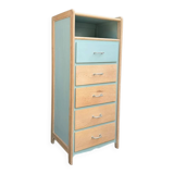 Vintage tall chest of drawers in raw wood and grey-blue from the 1950s.