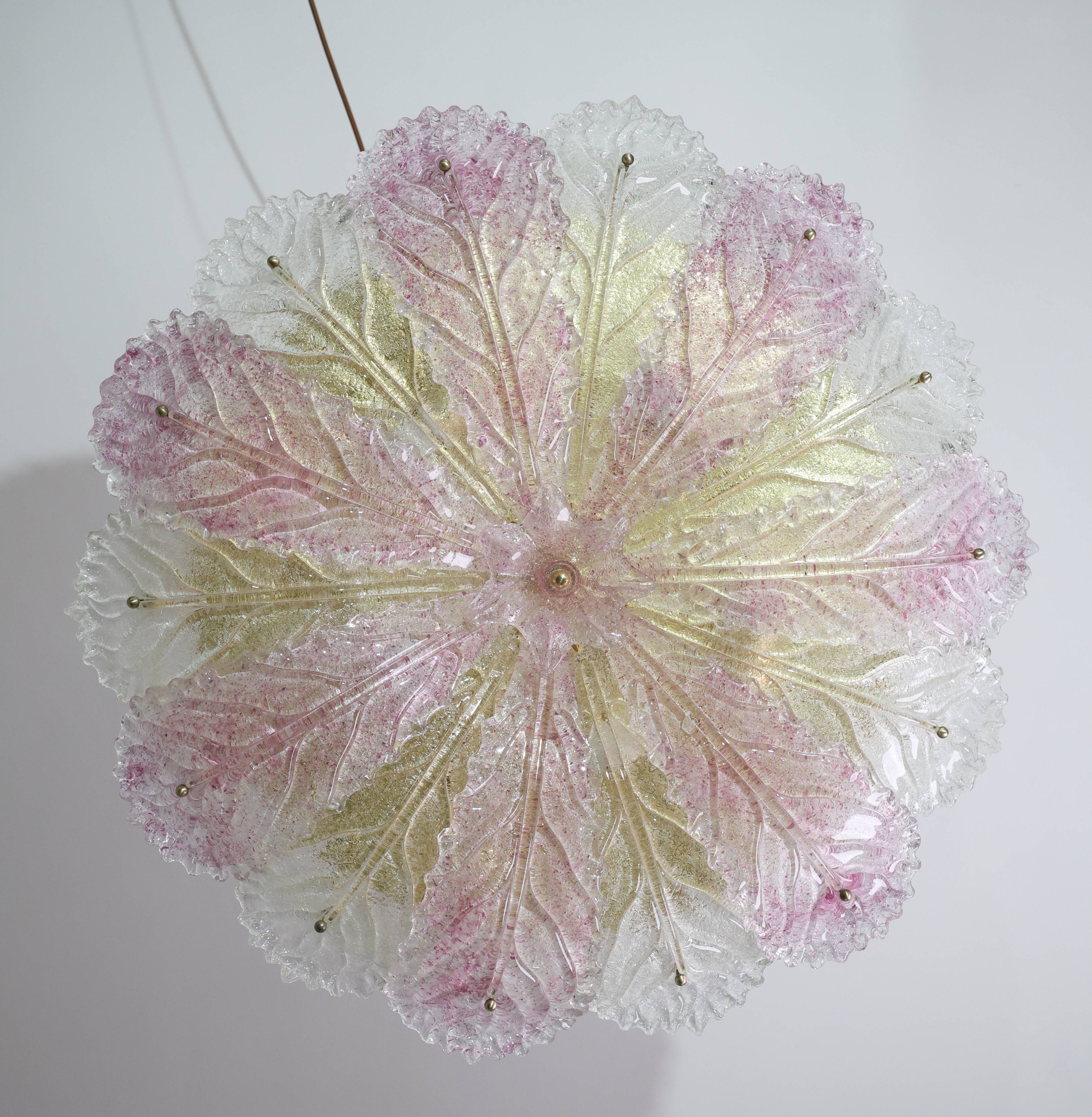 Large Size Pink and Transparent Murano Glass Leave Ceiling Light or Chandel
