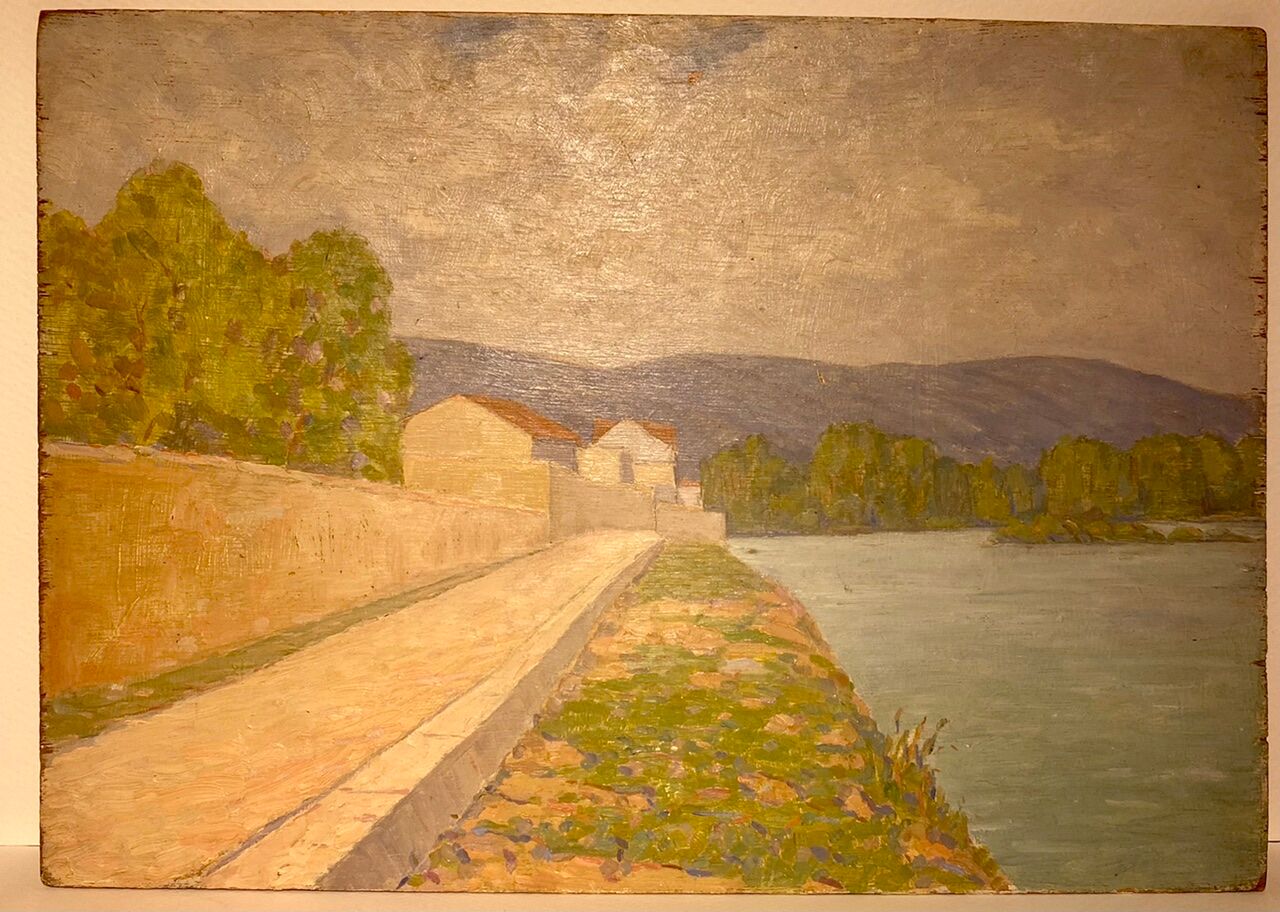 Tableau ancien, double face, paysage bord de Saône, début XX siècle