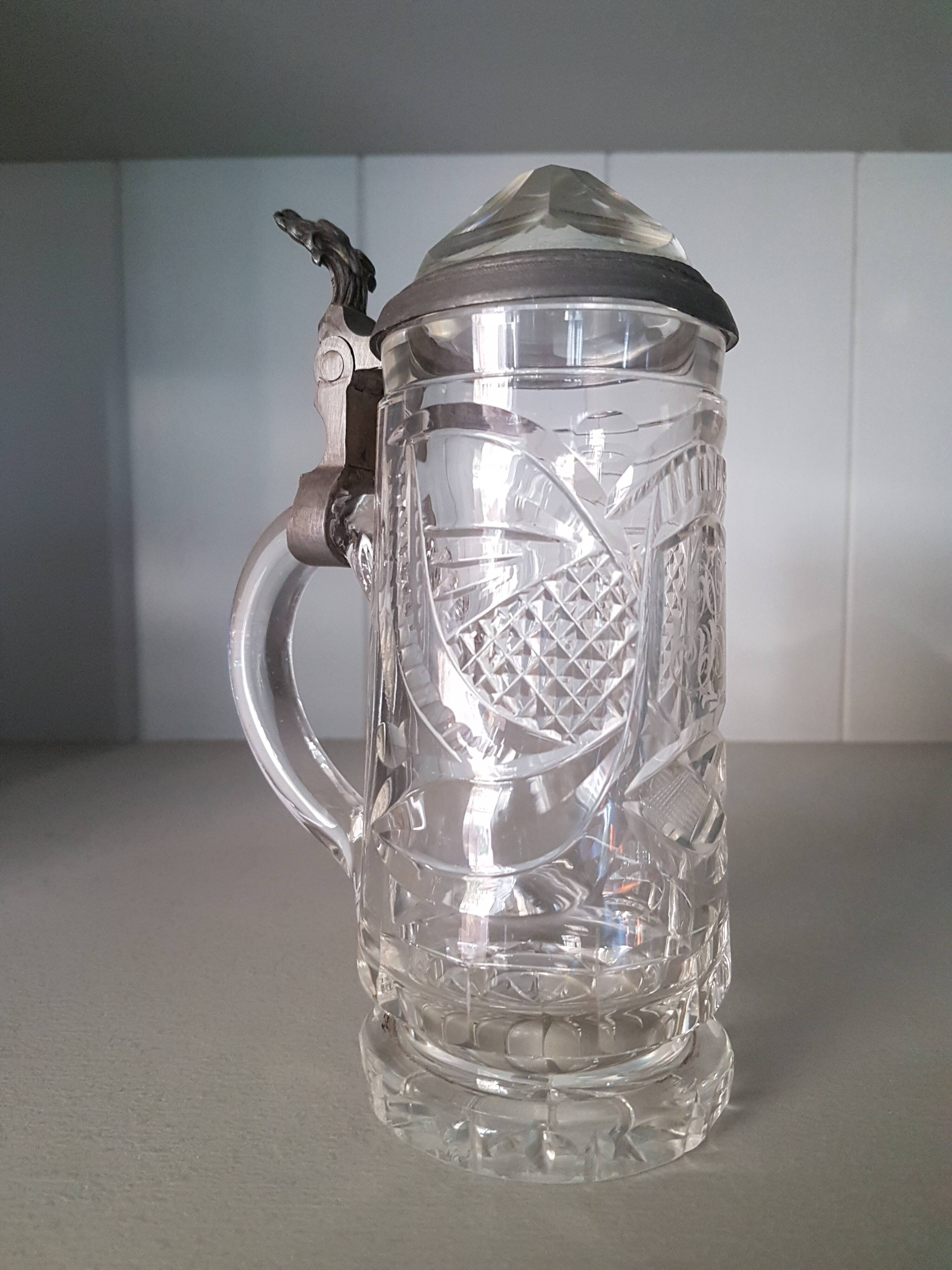 Antique engraved crystal and pewter beer mug