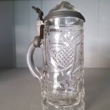 Chope à biere ancienne gravée cristal et étain