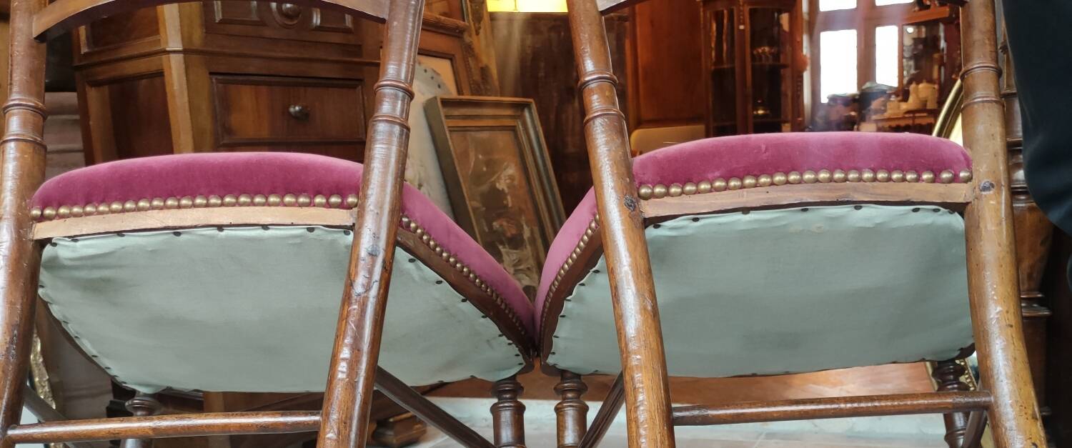 Pair of old velvet chairs in old rose carved wood