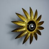 Sun wall lamp by ferro arte, metal and gold leaf, Spain, 1960