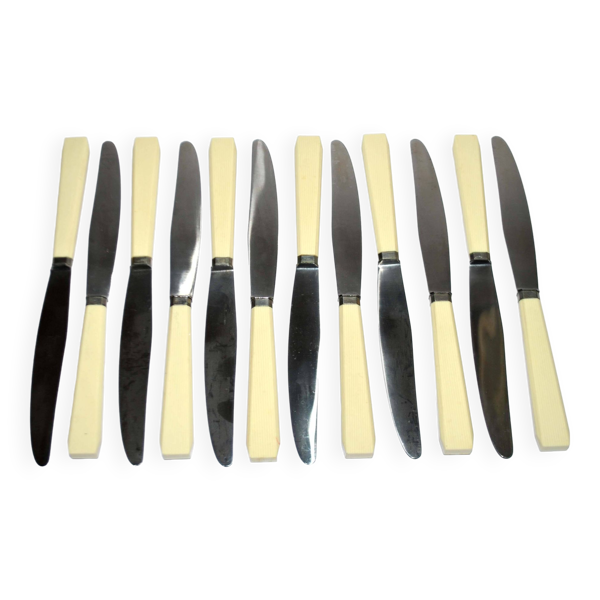 Lot de 12 couteaux vintage en résine ivoire par louis springer strasbourg 19.5cm