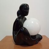 Lamp black ceramic and opaline globe circa 1970