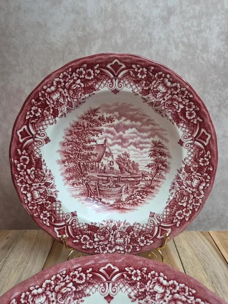 2 vintage deep plates in red Toile de Jouy by Grindley Homeland Staffordshire England.