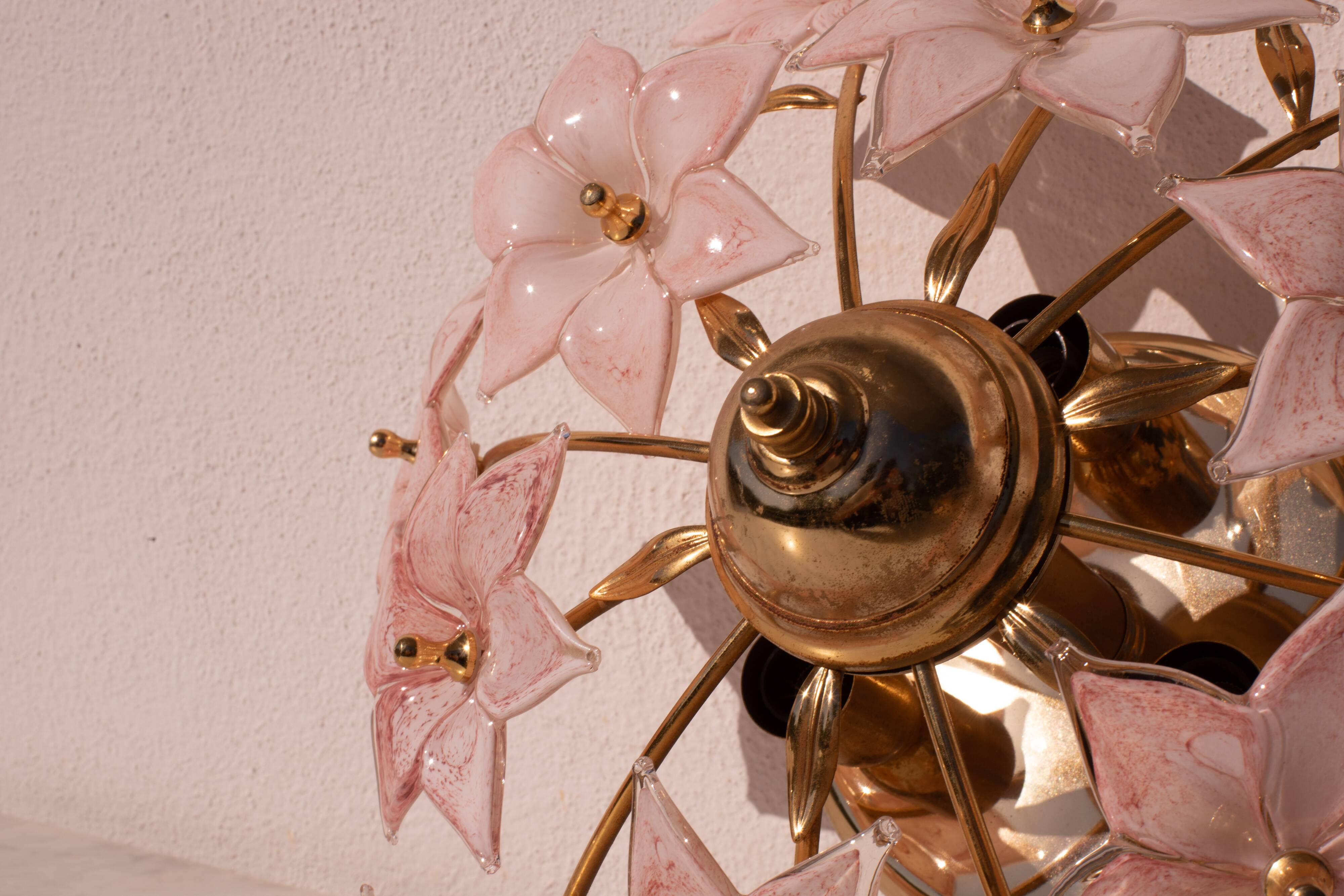 Charming Murano Vintage Ceiling Light Pink Flowers, 1970s