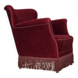 Fauteuil danois des années 1970, velours de mobilier rouge cerise, pieds en bois de chêne.