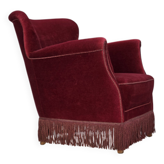 1970s, Danish armchair, cherry-red furniture velour, oak wood legs.