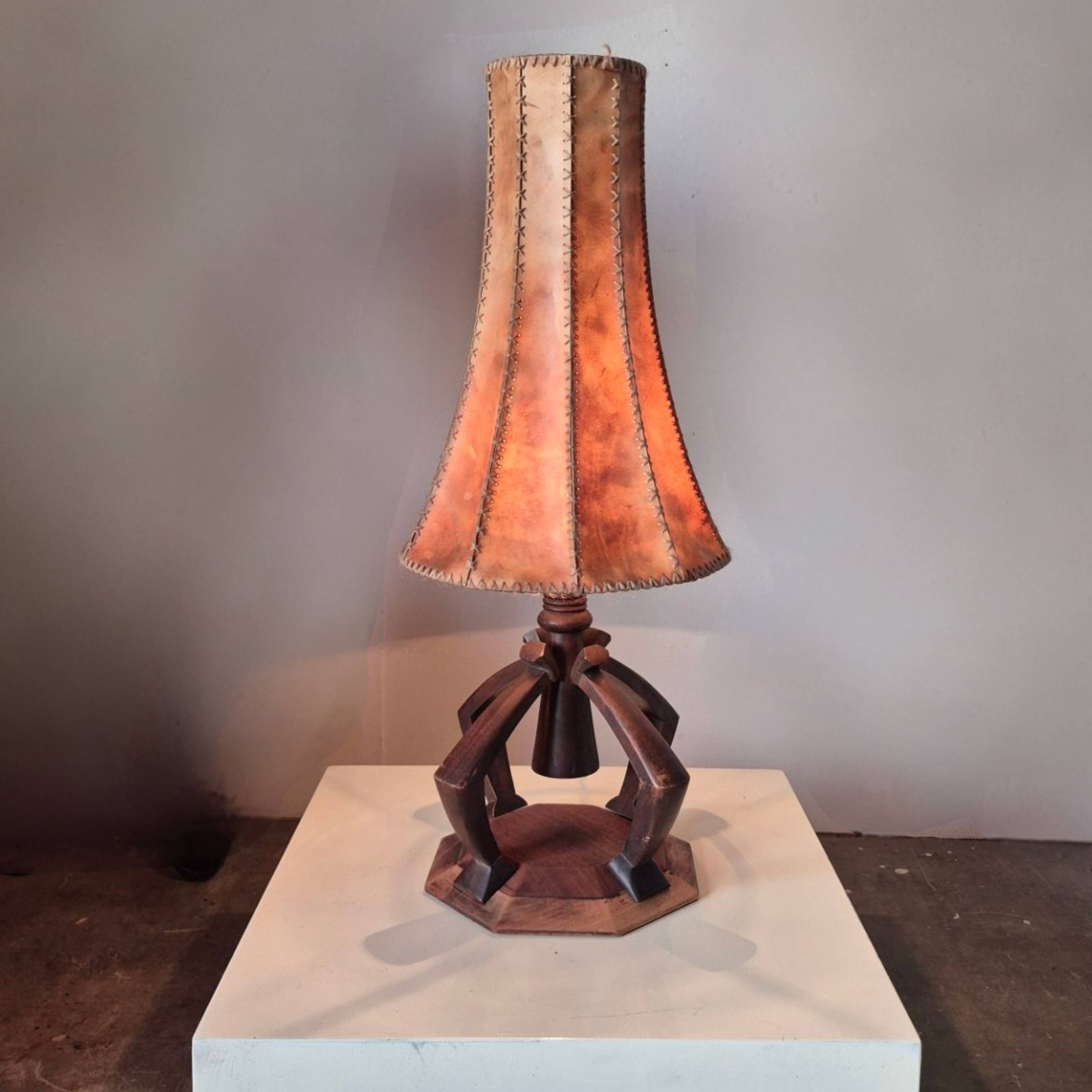 Modernist leather and oak table lamp, Netherlands 1930s