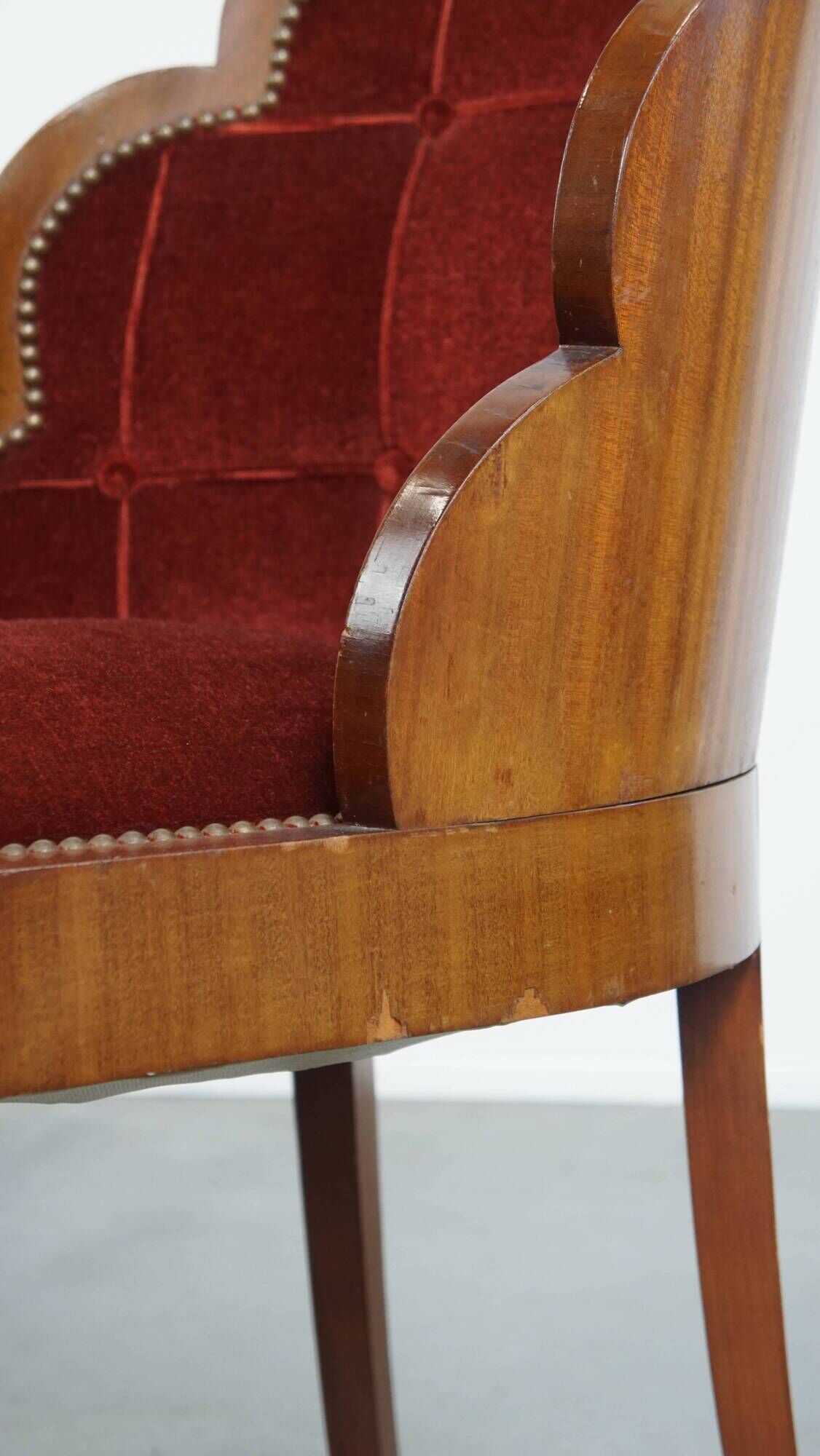 Set of 4 Art Deco Dining Chairs with Red Upholstery and Wooden Backs