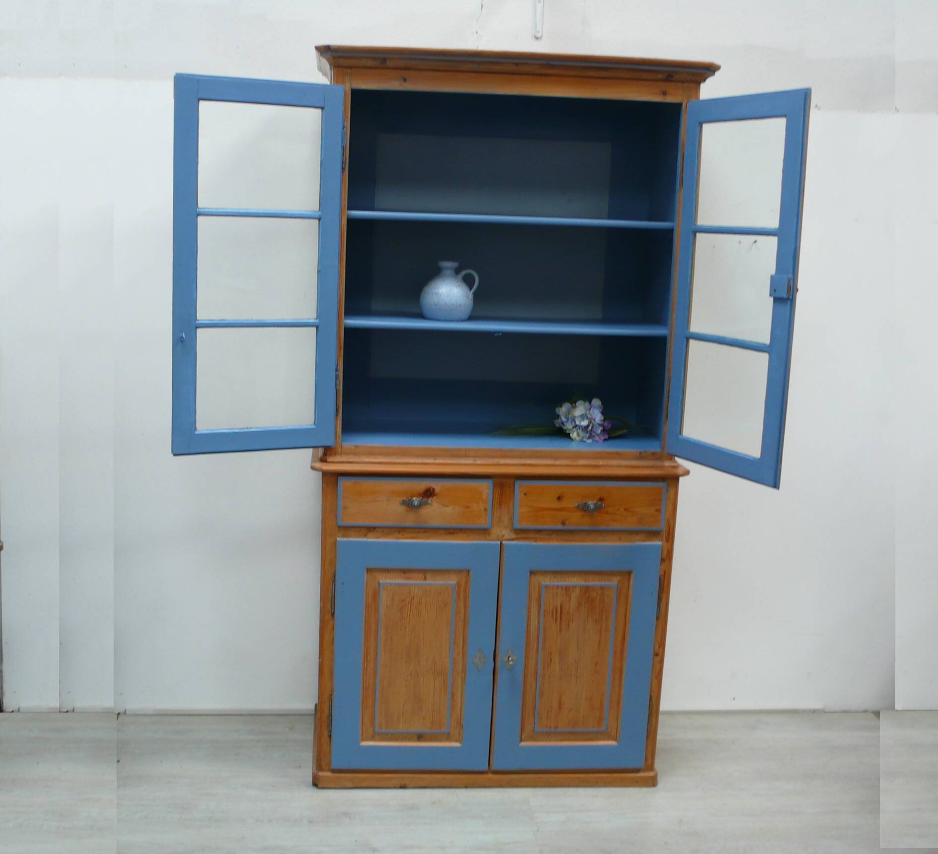 Antique softwood buffet in natural + blue, Gründerzeit style