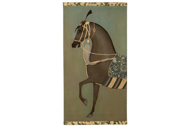 Painted canvas featuring a brown-coated Indian horse in profile. Contemporary.