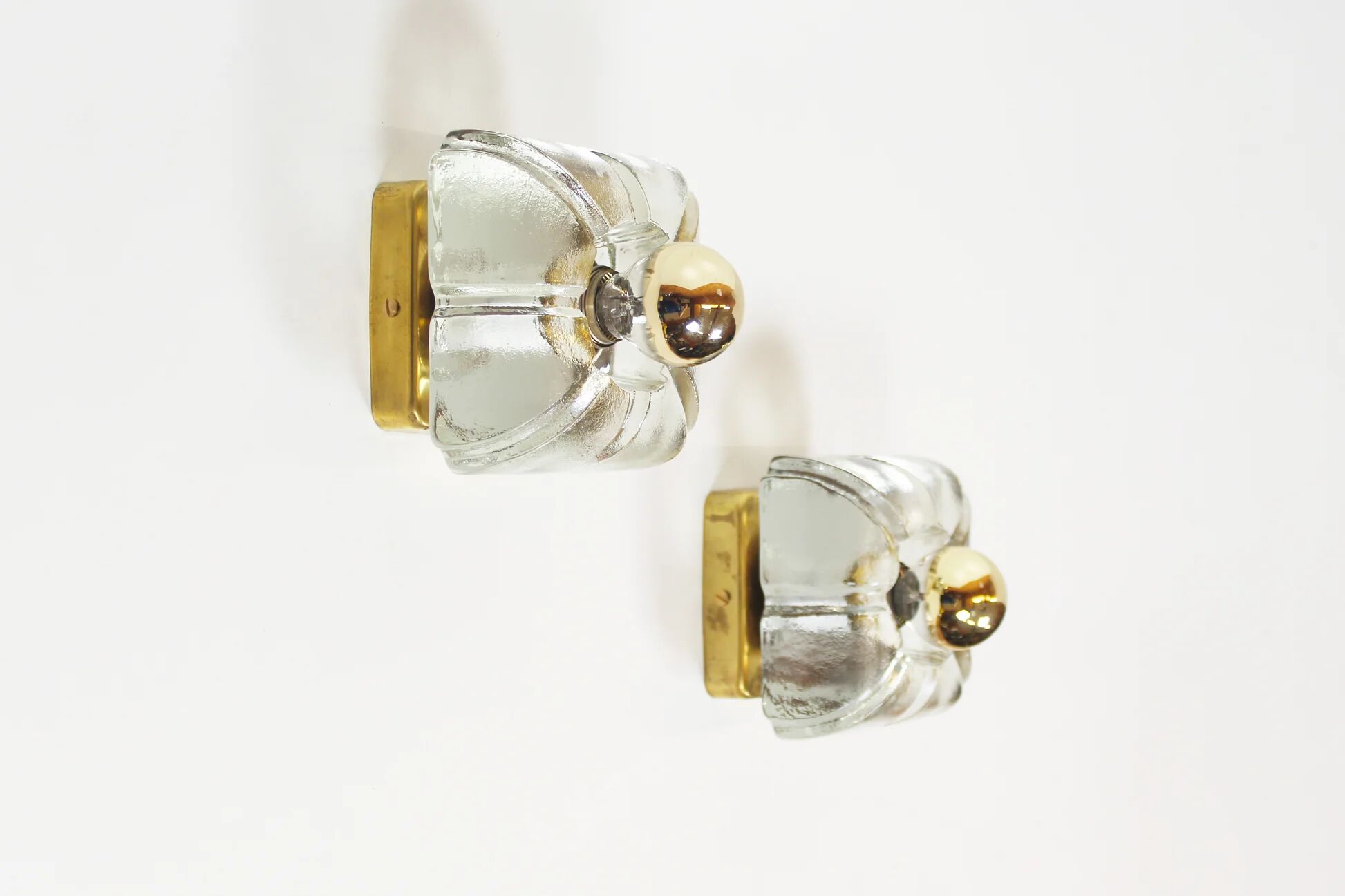 Pair of ice glass and brass wall lamps by Sische