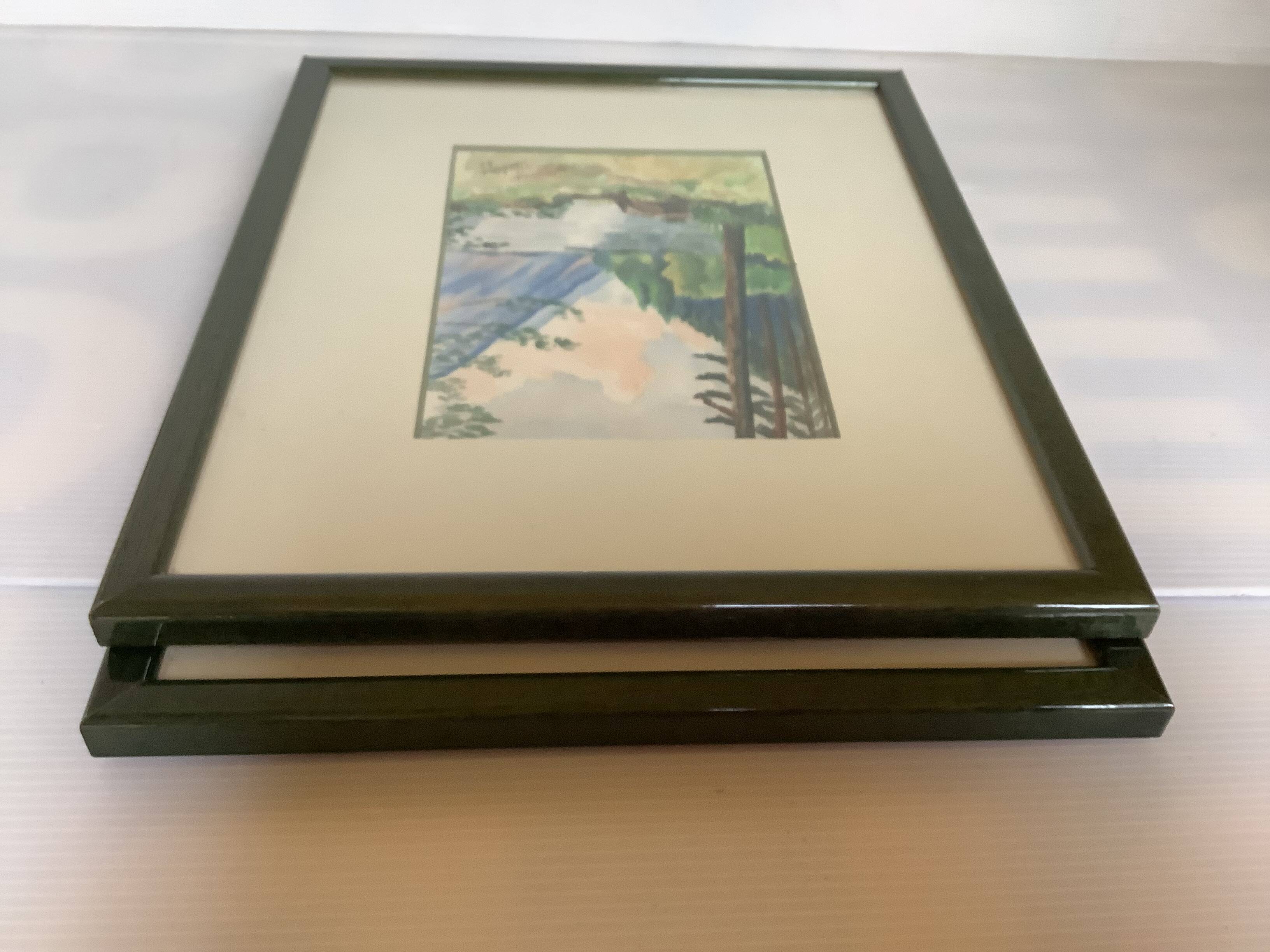 Pair of frames with watercolour landscapes of nature