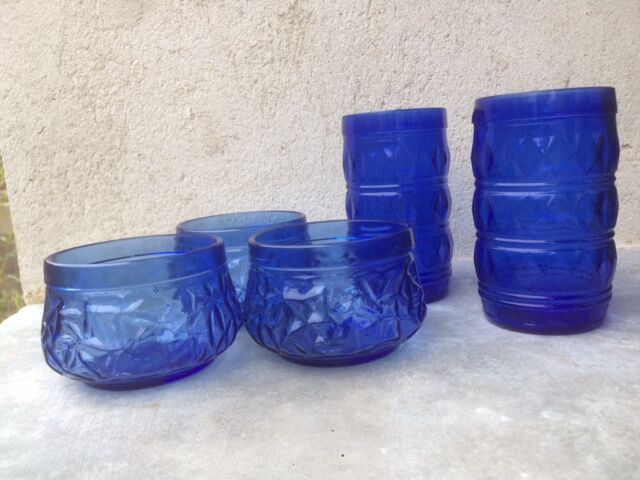 Lot of 2 glasses and 3 blue glass cups from Brazil