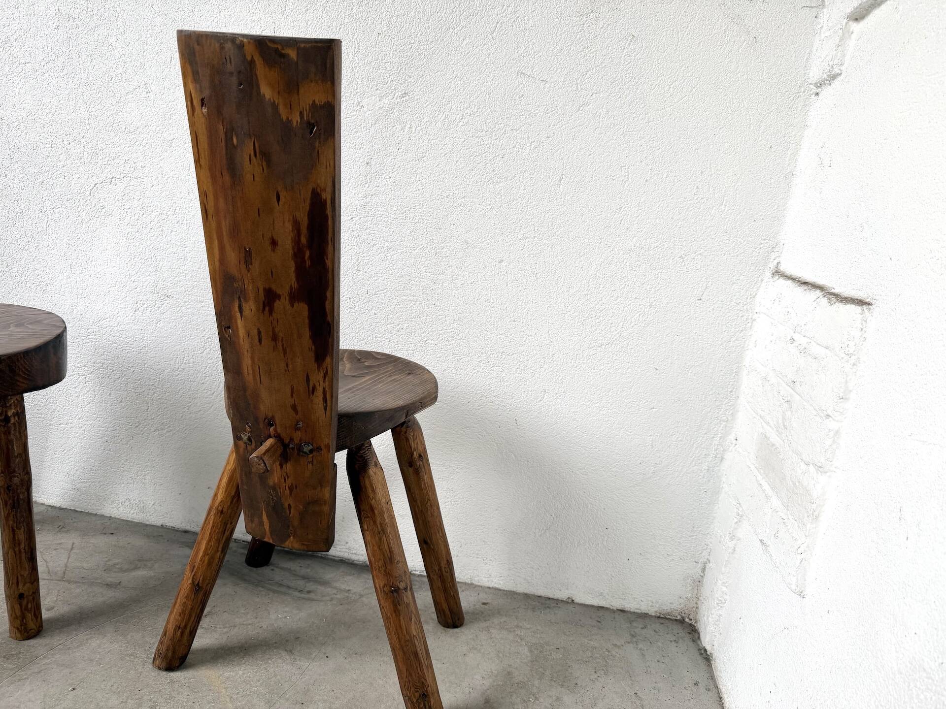 Set of three alpine chairs in solid pine, France, 1950s.