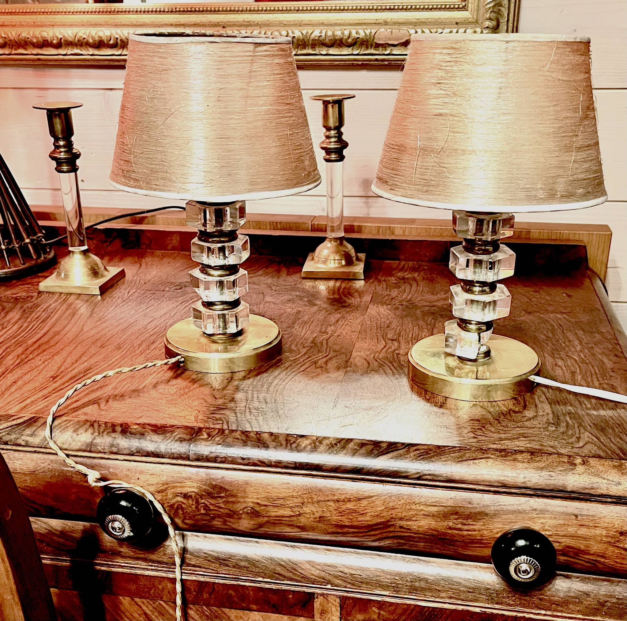 Pair of brass & lucite bedside lamps, France, Mid-Century