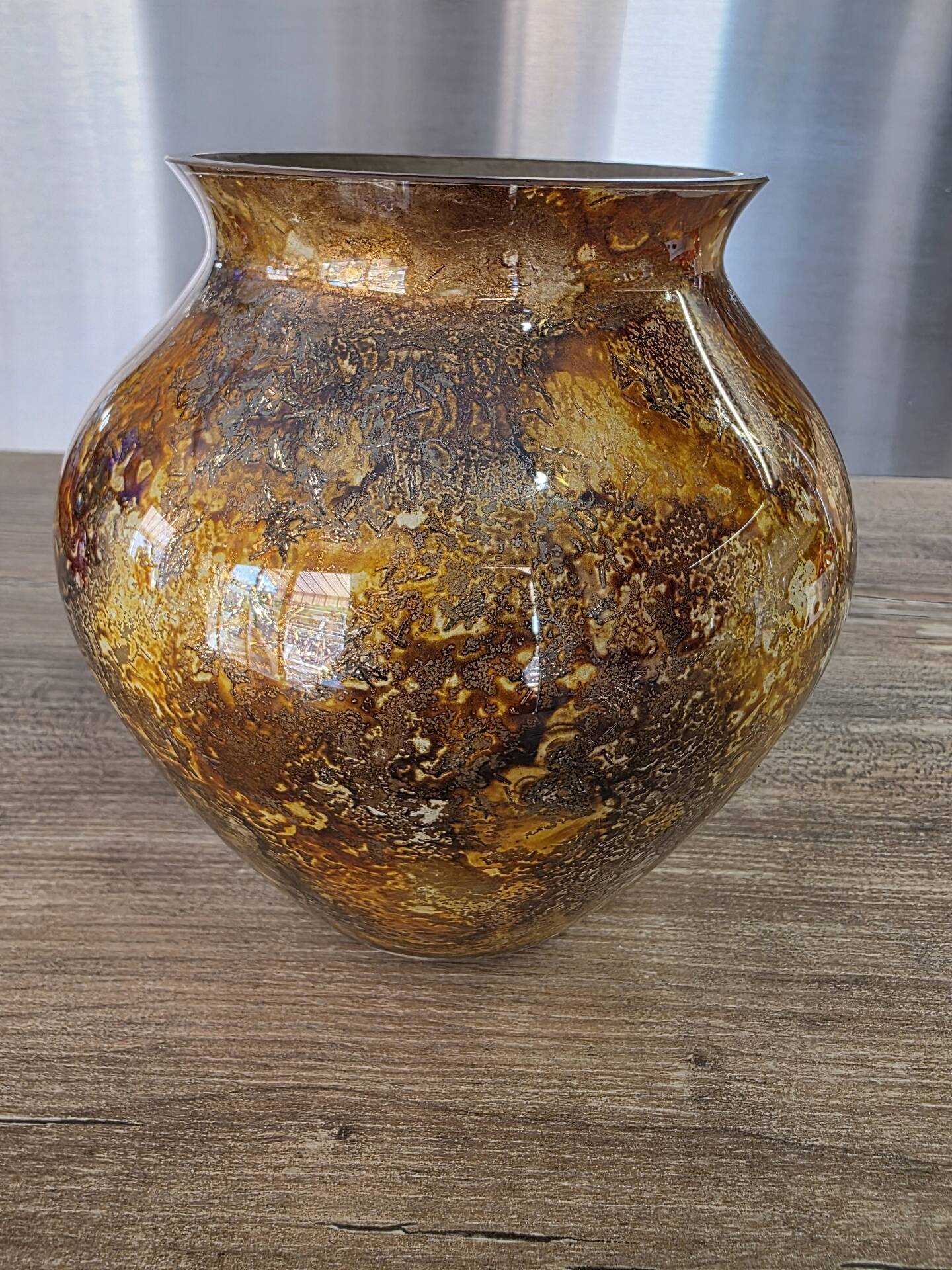 Vintage round vase Laque Line by Jean-Noël Bouillet Marbled golden tones
