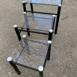 3 black industrial glass nesting coffee tables Yves Boutboul 1970