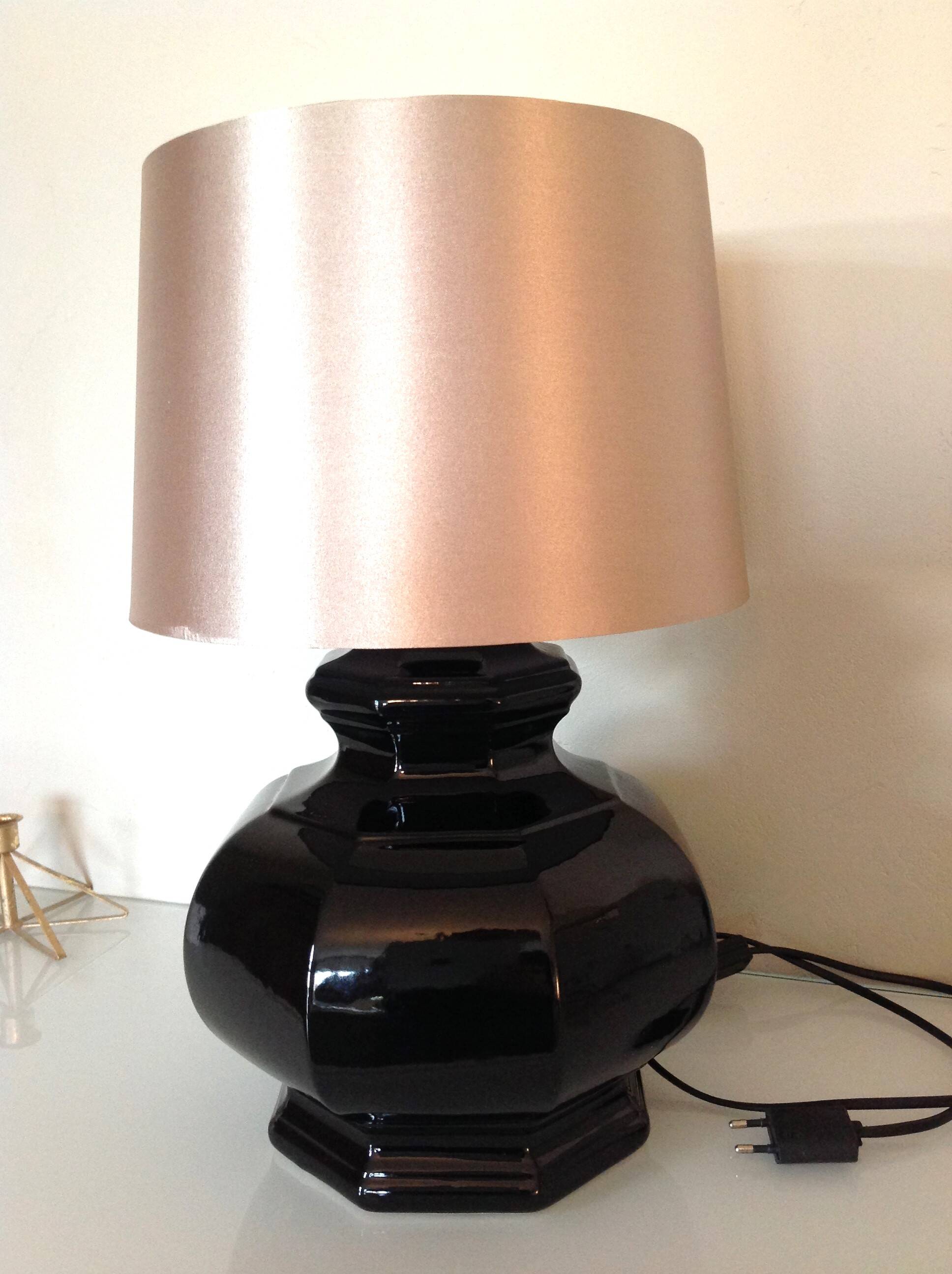 Octagonal black ceramic lamp and gold lampshade / vintage 70s